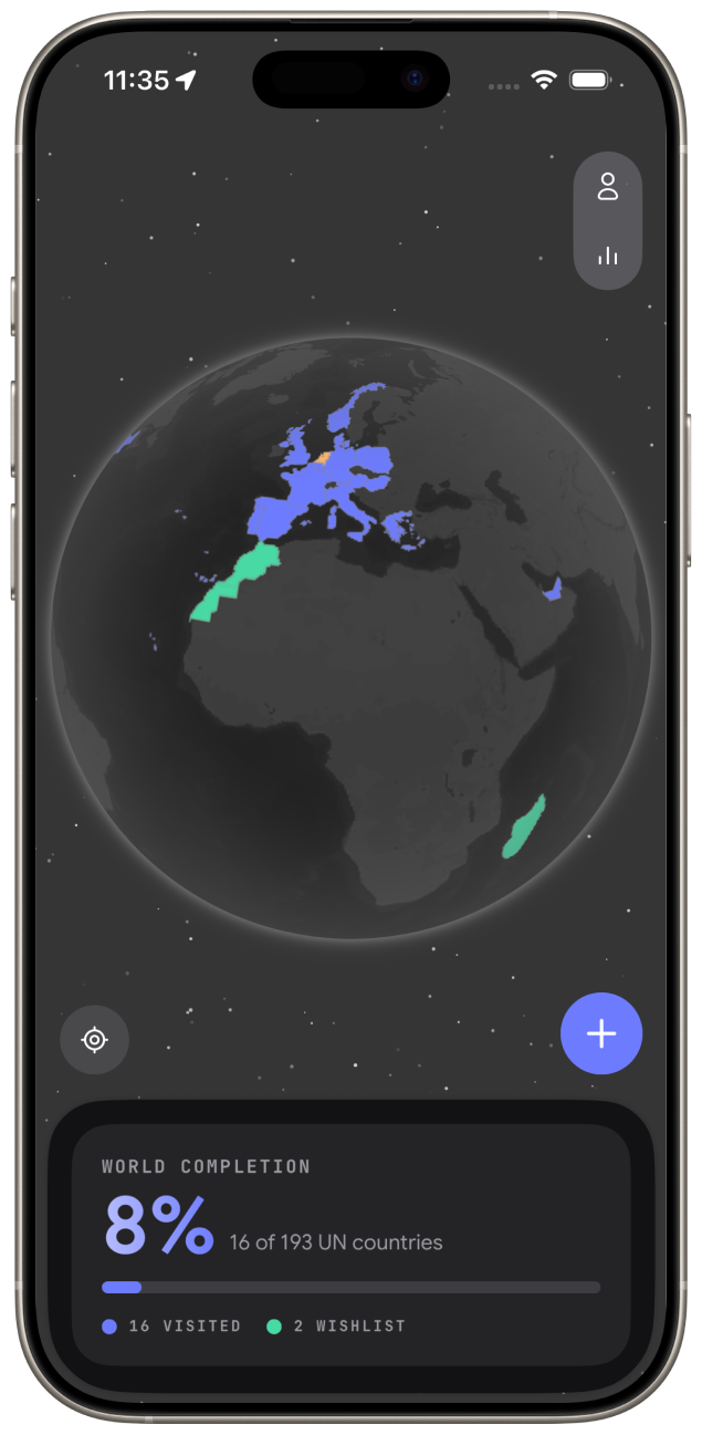 The Wandrd app showing visited countries highlighted on a 3D globe, with a world-completion stat